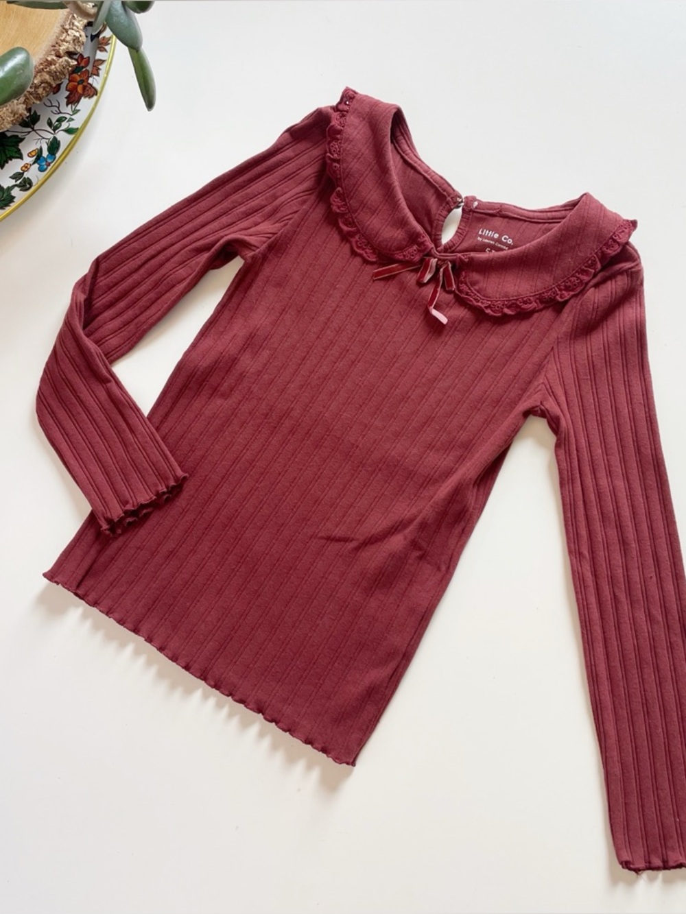 Little Co Dusty Mauve Ribbed Collared Long Sleeve Top | 5T